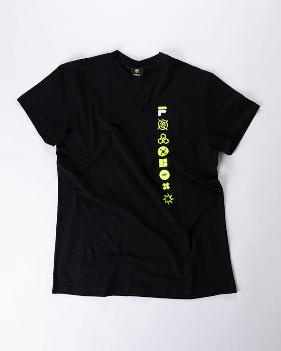 A black t-shirt from the NIPxFILA merch collaboration, with both the Ninjas in Pyjamas and FILA as well as other logos subtly combined in the design. This trendy and comfortable t-shirt is perfect for expressing your passion for NIP and FILA in a unique and stylish manner.