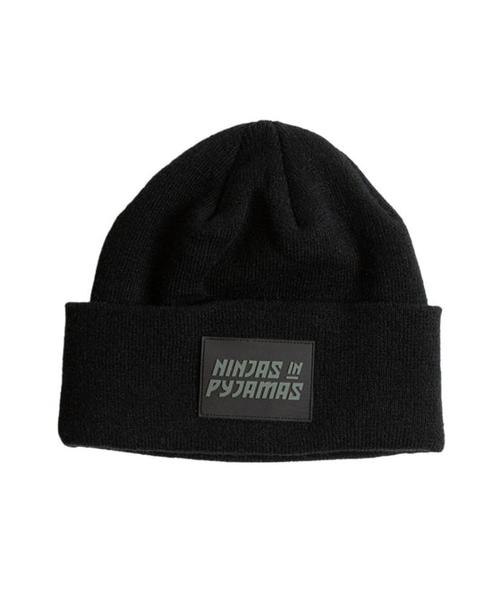 Kurashikku Beanie - Black from Ninjas in Pyjamas Shop. Kurashikku Beanie in Black color from Ninjas in Pyjamas merch. This stylish and warm beanie is a must-have accessory for fans of NiP. Perfect for cold weather and adding a touch of team spirit to any outfit.
