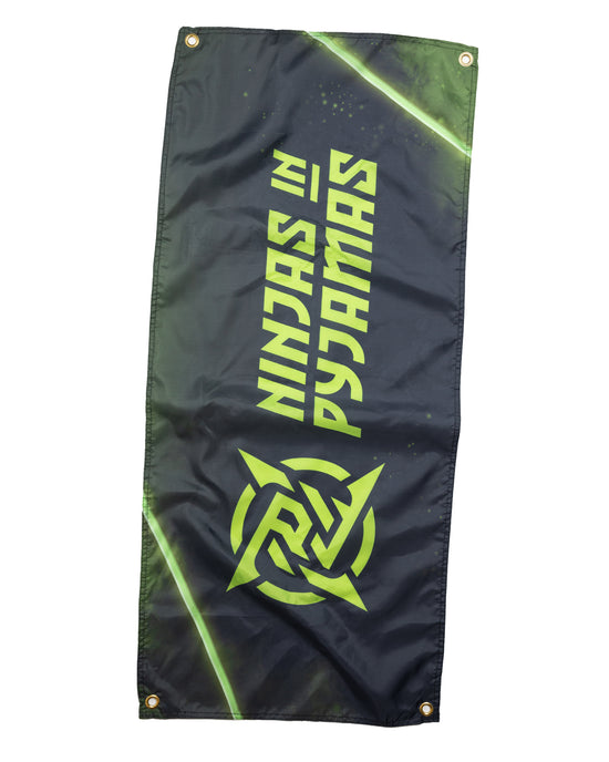 A high-quality flag featuring the iconic Ninjas in Pyjamas logo in bold colors on a black background. This premium flag is made of durable material and is perfect for proudly displaying your support for NIP.