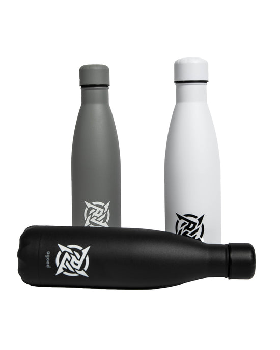 Lagom Water Bottle - Grey from Ninjas in Pyjamas Shop. A grey water bottle from the Lagom Merch Collection, featuring the Ninjas in Pyjamas logo in white. This durable and stylish water bottle is perfect for staying hydrated on the go while showcasing your support for NIP.