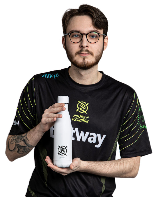 Lagom Water Bottle - White from Ninjas in Pyjamas Shop. A white water bottle from the Lagom Merch Collection, featuring the Ninjas in Pyjamas logo in white. This durable and stylish water bottle is perfect for staying hydrated on the go while showcasing your support for NIP.