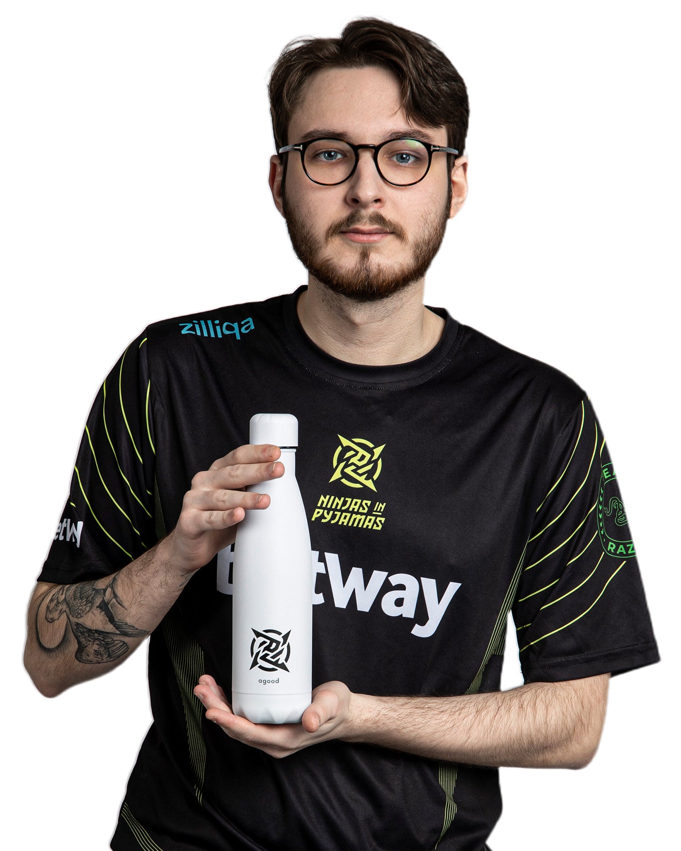Lagom Water Bottle - Grey from Ninjas in Pyjamas Shop. A grey water bottle from the Lagom Merch Collection, featuring the Ninjas in Pyjamas logo in white. This durable and stylish water bottle is perfect for staying hydrated on the go while showcasing your support for NIP.