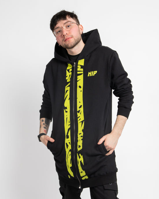 Ninjutsu Collection - Long Hoodie Black from Ninjas in Pyjamas Shop. A black long hoodie from the Ninjutsu Merch Collection, featuring the Ninjas in Pyjamas logo subtly printed on the front. This stylish and comfortable long hoodie is perfect for expressing your passion for NIP while staying cozy and on-trend.