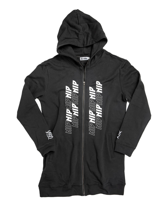 Ninjutsu Collection - Long Hoodie Gray from Ninjas in Pyjamas Shop. A gray long hoodie from the Ninjutsu Merch Collection, featuring the Ninjas in Pyjamas logo subtly printed on the front. This stylish and comfortable long hoodie is perfect for expressing your passion for NIP while staying cozy and on-trend.