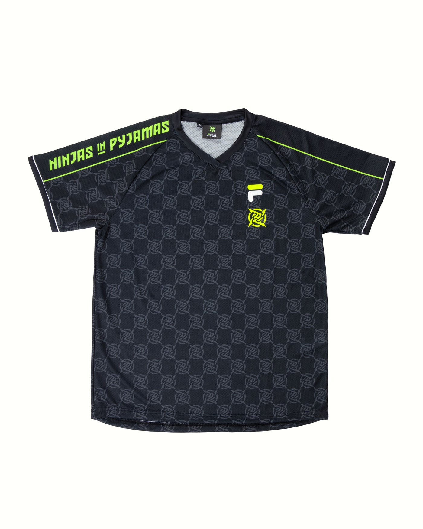 Shinobi Shozoku - NIPxFILA Jersey, a merch collaboration between Ninjas in Pyjamas and FILA. This sleek and stylish jersey showcases the logos of both brands, making it the perfect choice for NIP fans who want to express their passion for the team and fashion in a unique and trendy way.