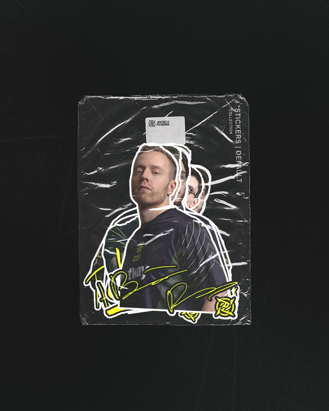 CSGO player stickers from Ninjas in Pyjamas Shop. A collection of physical Ninjas in Pyjamas CS:GO roster player stickers displayed in a cut-out style. Each sticker features the portrait of each NiP CS:GO player. The stickers are colorful and intricately designed, with an addition of players signatures on each sticker.