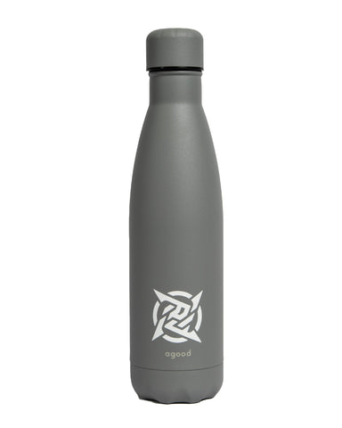 Lagom Water Bottle - Grey from Ninjas in Pyjamas Shop. A grey water bottle from the Lagom Merch Collection, featuring the Ninjas in Pyjamas logo in white. This durable and stylish water bottle is perfect for staying hydrated on the go while showcasing your support for NIP.