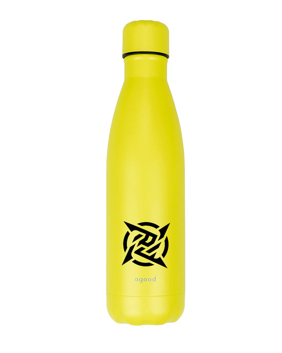 Lagom Water Bottle - Yellow from Ninjas in Pyjamas Shop. A yellow water bottle from the Lagom Merch Collection, featuring the Ninjas in Pyjamas logo in white. This durable and stylish water bottle is perfect for staying hydrated on the go while showcasing your support for NIP.