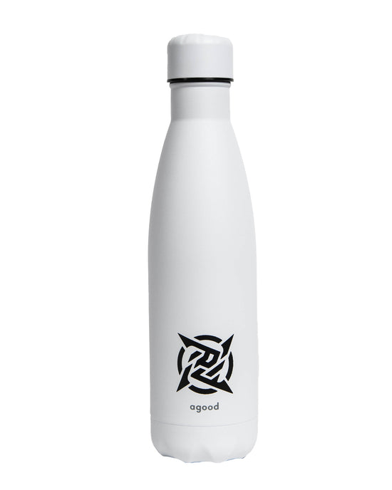 Lagom Water Bottle - White from Ninjas in Pyjamas Shop. A white water bottle from the Lagom Merch Collection, featuring the Ninjas in Pyjamas logo in white. This durable and stylish water bottle is perfect for staying hydrated on the go while showcasing your support for NIP.